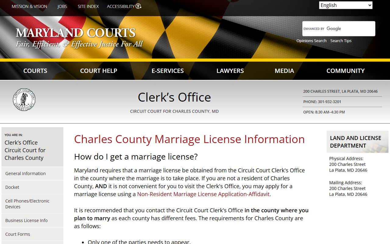 Charles County Circuit Court marriage records page