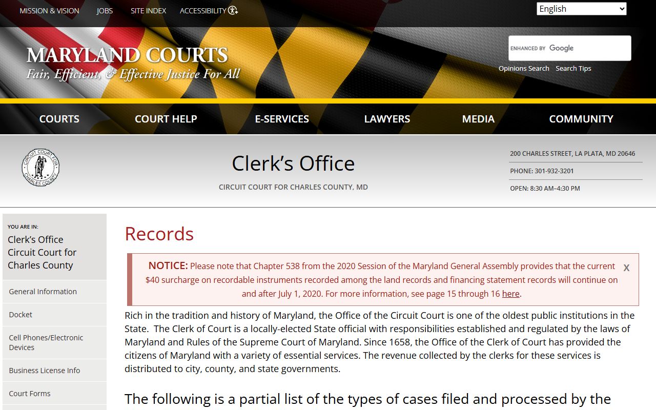 Charles County Circuit Court records access page
