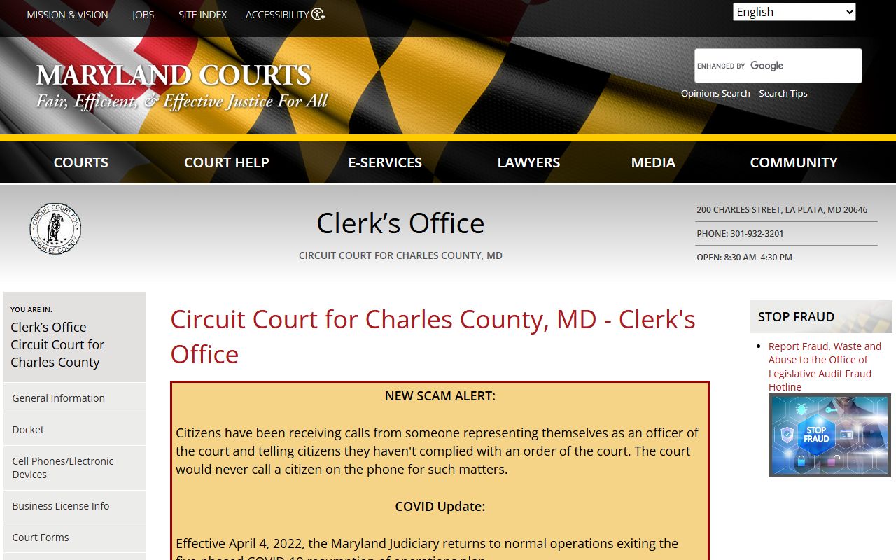 Charles County Circuit Court clerk office page