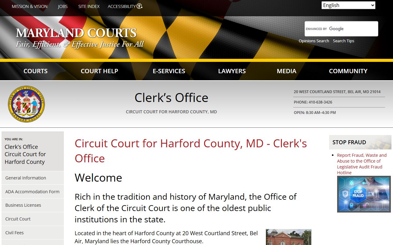 Harford County Circuit Court clerk office page for bankruptcy records research