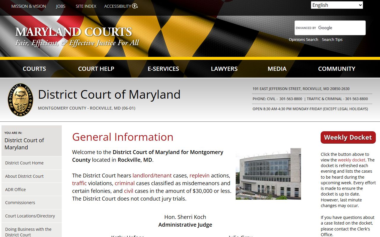Montgomery County Rockville district court directory page for bankruptcy-related case research