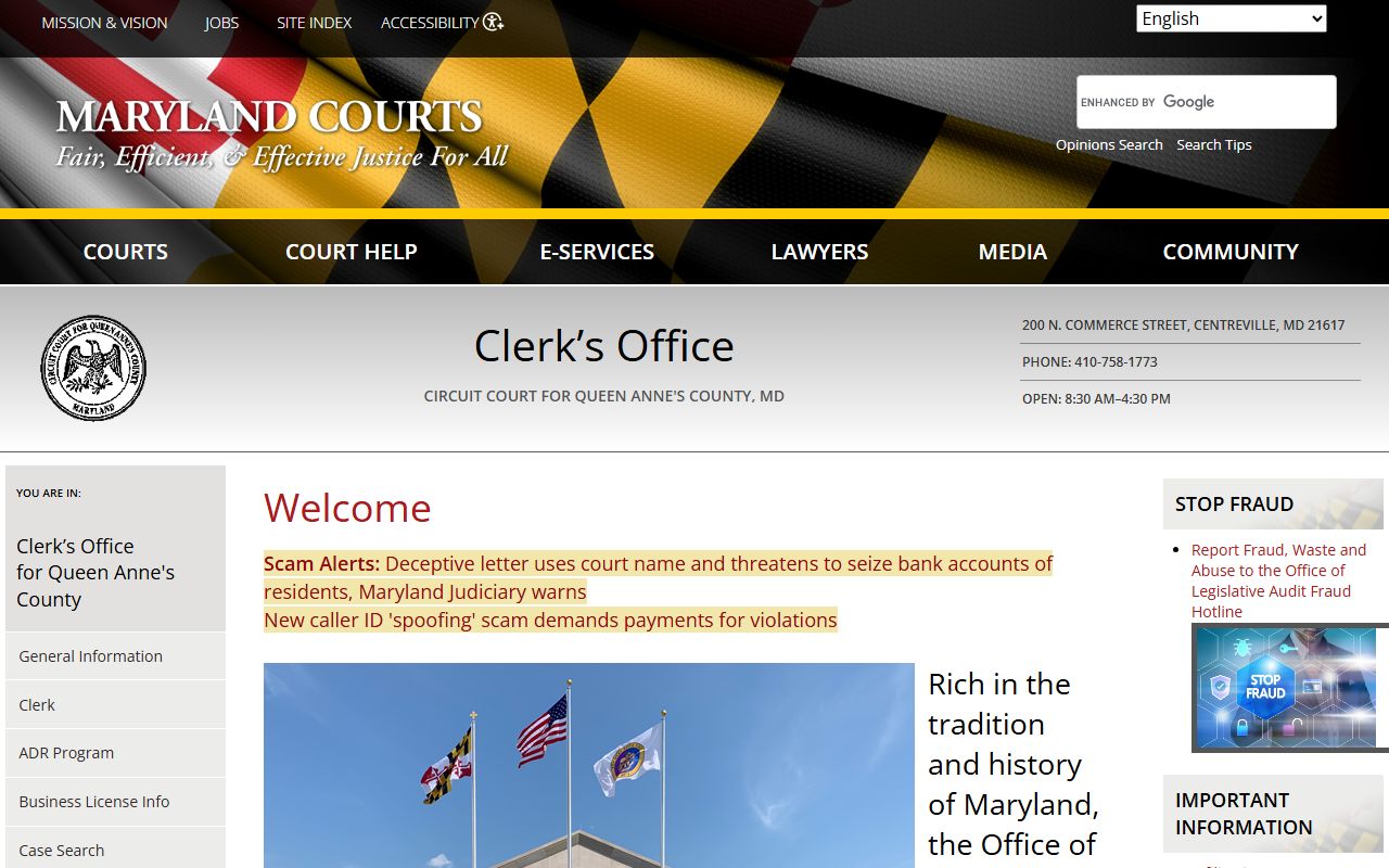 Queen Anne's County Circuit Court Clerk main page for bankruptcy records