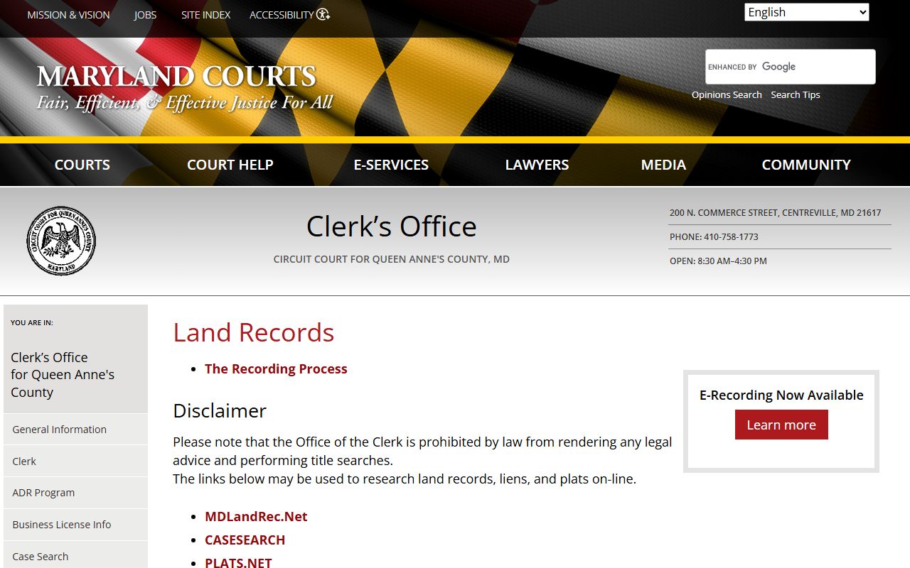 Queen Anne's County clerk land records page for bankruptcy records research