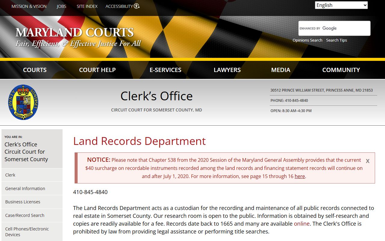 Somerset County land records page for bankruptcy records research