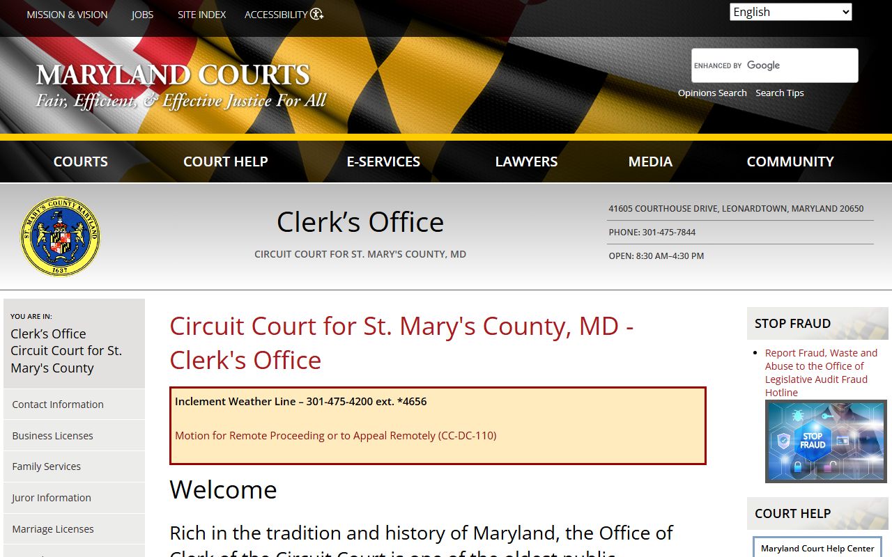 St. Mary's County Circuit Court Clerk page for bankruptcy records research