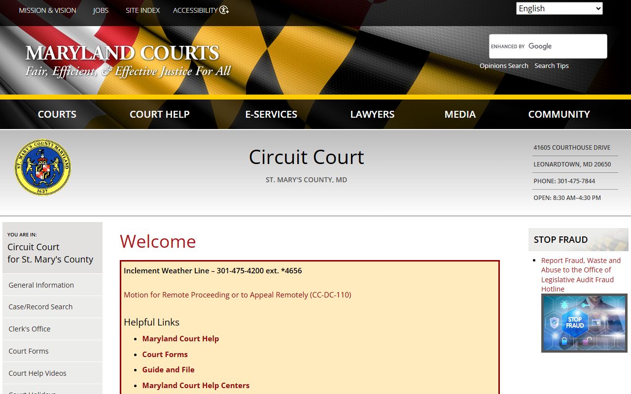 St. Mary's County Circuit Court page for bankruptcy records research