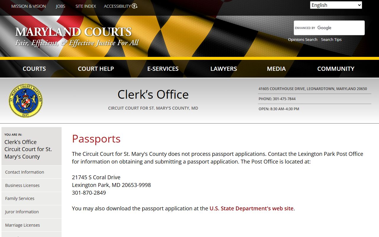 St. Mary's County clerk passport and services page for bankruptcy records research