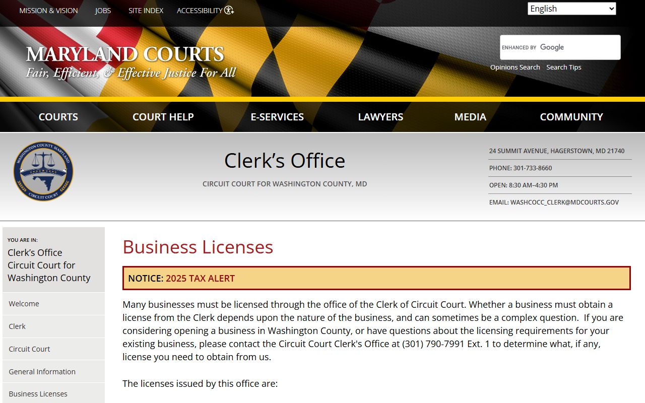 Washington County clerk business filing information on Maryland Courts
