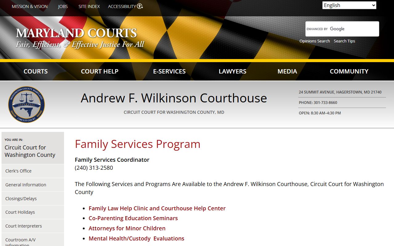 Washington County Circuit Court family law page on Maryland Courts website