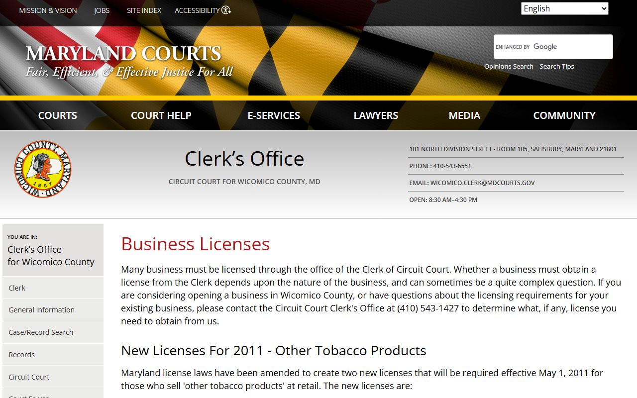 Wicomico County business filings page on Maryland Courts website