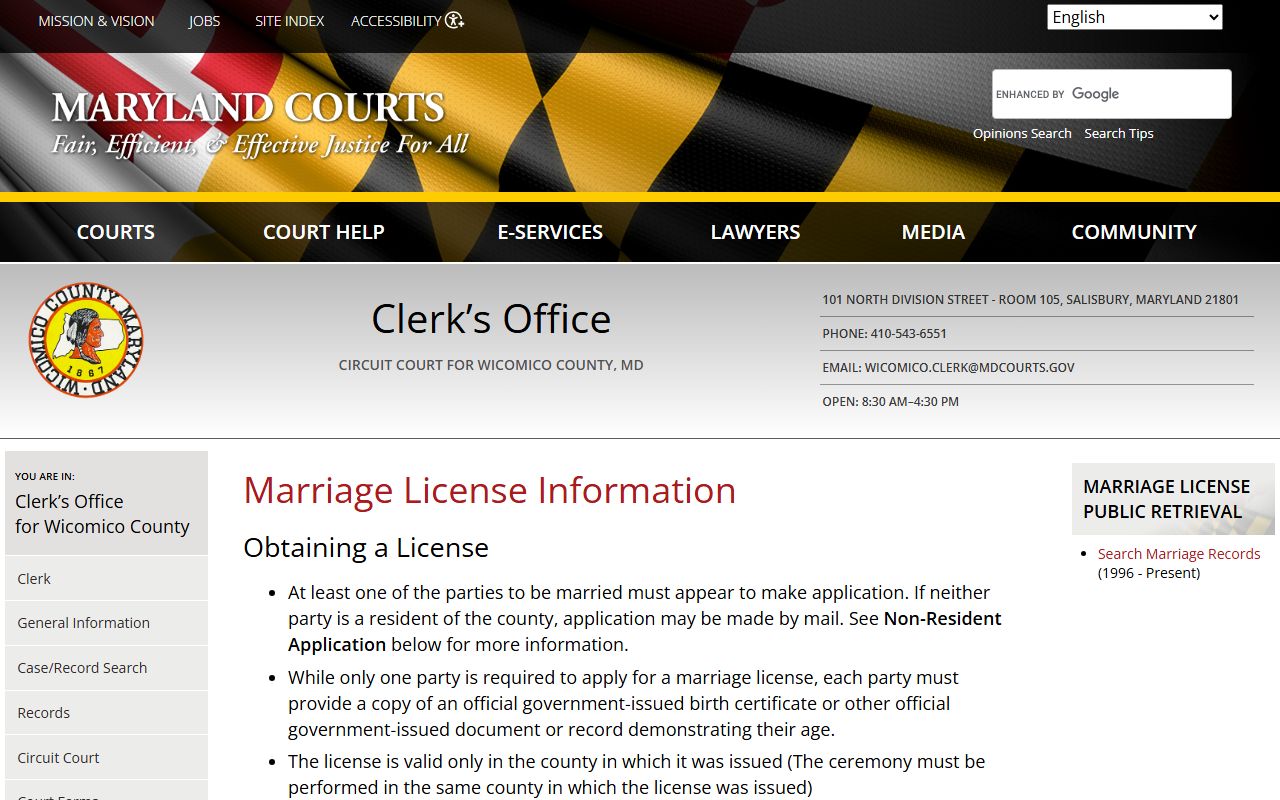 Wicomico County clerk's office marriage and records page on Maryland Courts