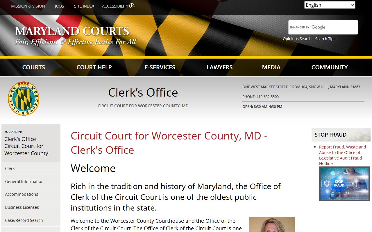 Worcester County clerk's office page on Maryland Courts website