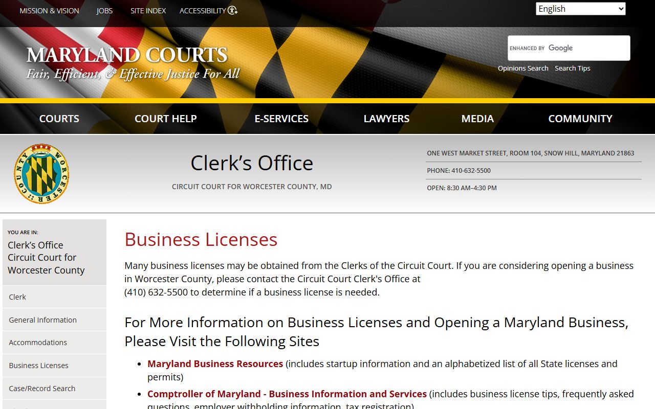 Worcester County business and notary filing page on Maryland Courts