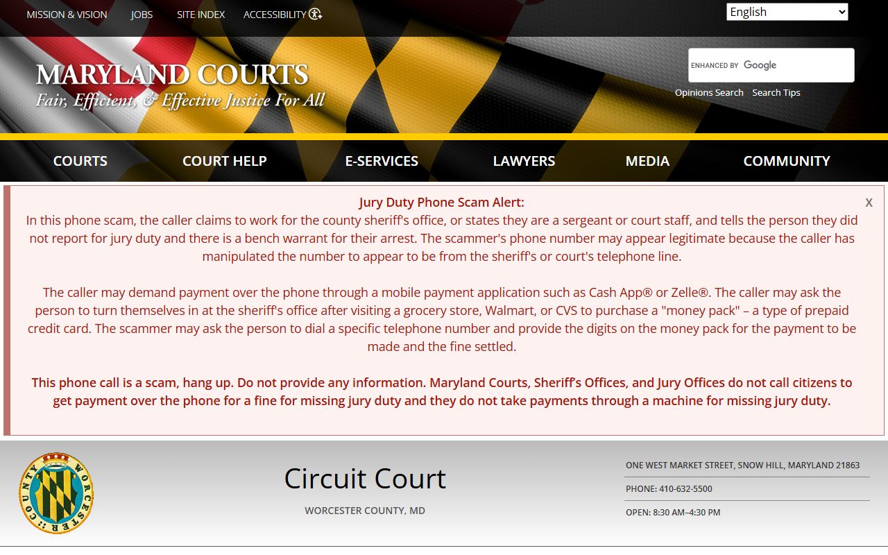 Worcester County Circuit Court main page on Maryland Courts website